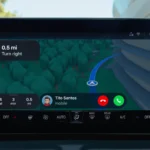 Giao diện CarPlay iOS 26 với cuộc gọi đến hiển thị dạng thanh gọn gàng ở cuối màn hình, giữ nguyên bản đồ điều hướng.