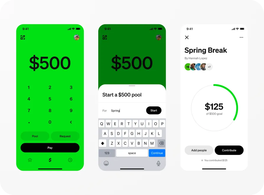 Giao diện Cash App Pools hiển thị mục tiêu quỹ và danh sách người đóng góp