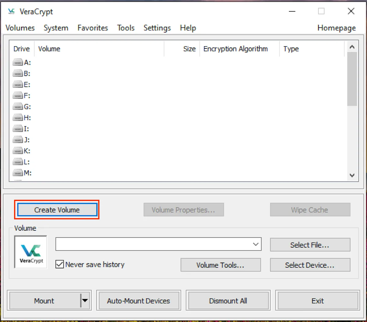 Giao diện chính của phần mềm VeraCrypt, hiển thị tùy chọn &quot;Create Volume&quot; để bắt đầu tạo ổ đĩa mã hóa.