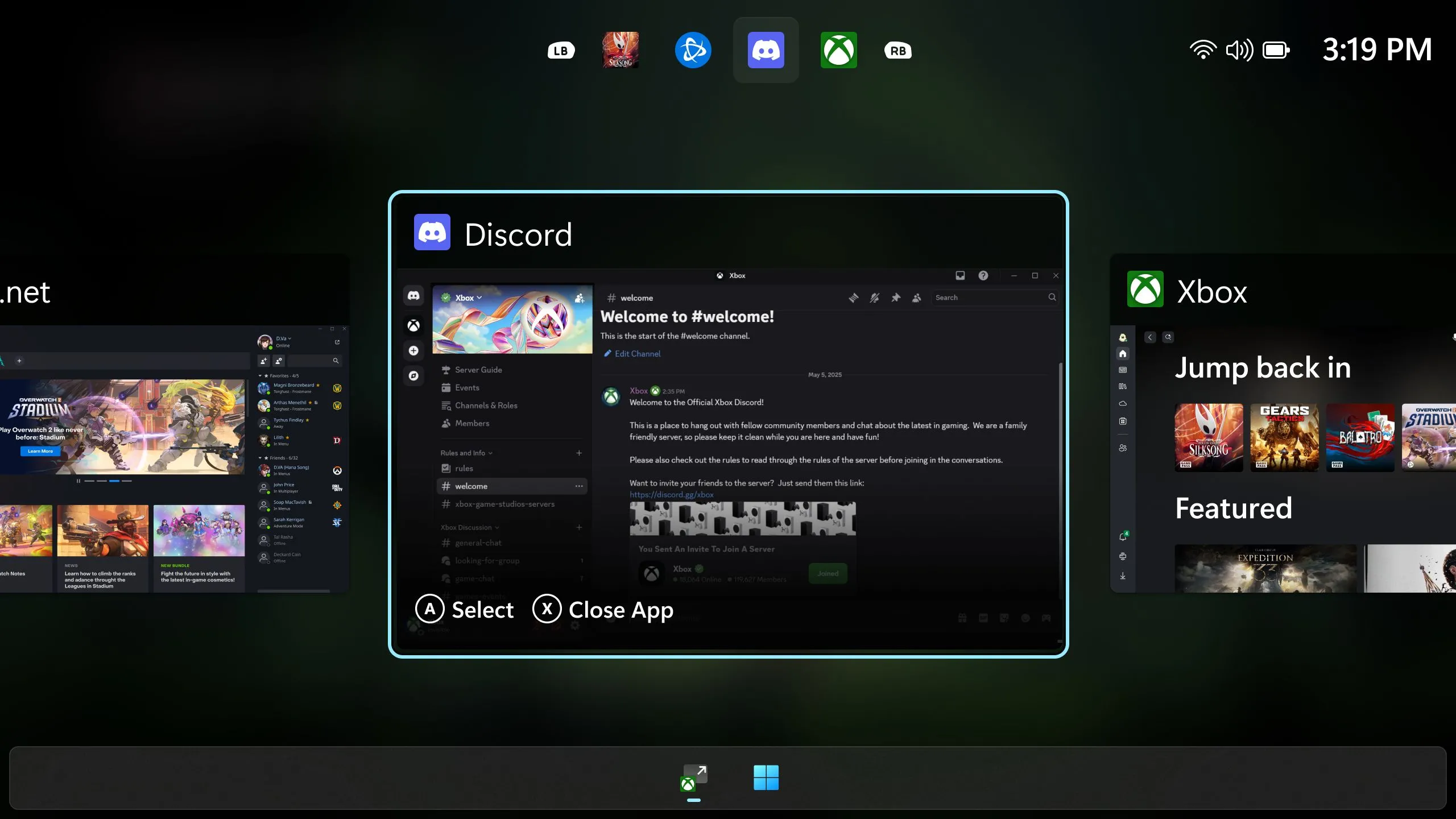 Giao diện chuyển đổi tác vụ thân thiện với tay cầm trên Windows của ROG Xbox Ally.