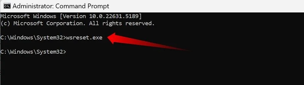 Giao diện Command Prompt khi chạy lệnh wsreset.exe để xóa bộ nhớ đệm Microsoft Store.