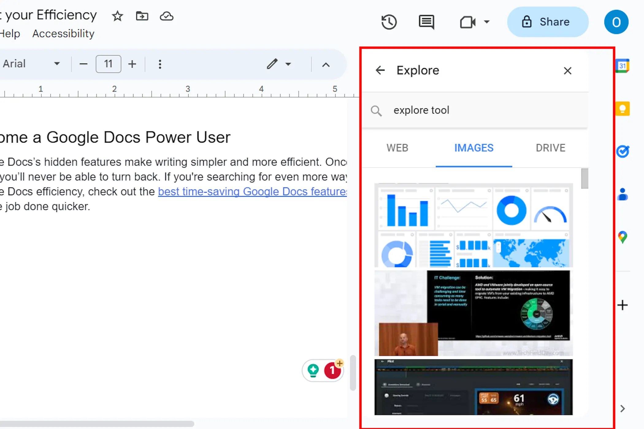 Giao diện công cụ Khám phá của Google Docs với các tab Web, Hình ảnh và Drive