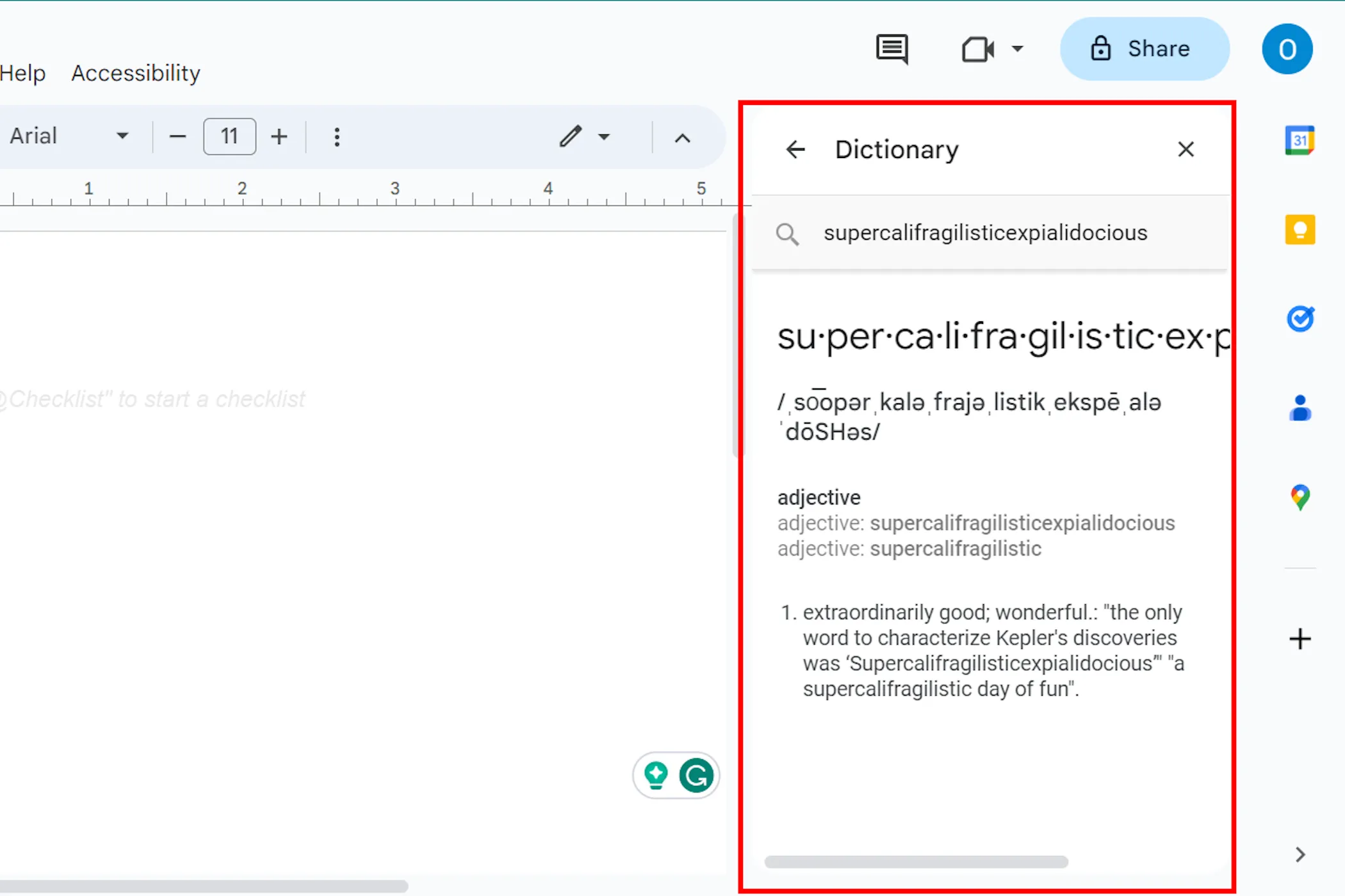 Giao diện công cụ Từ điển của Google Docs hiển thị định nghĩa và từ đồng nghĩa