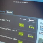 Giao diện cửa hàng Steam hiển thị các chương trình giảm giá game trên màn hình máy tính, minh họa ưu đãi về giá game.