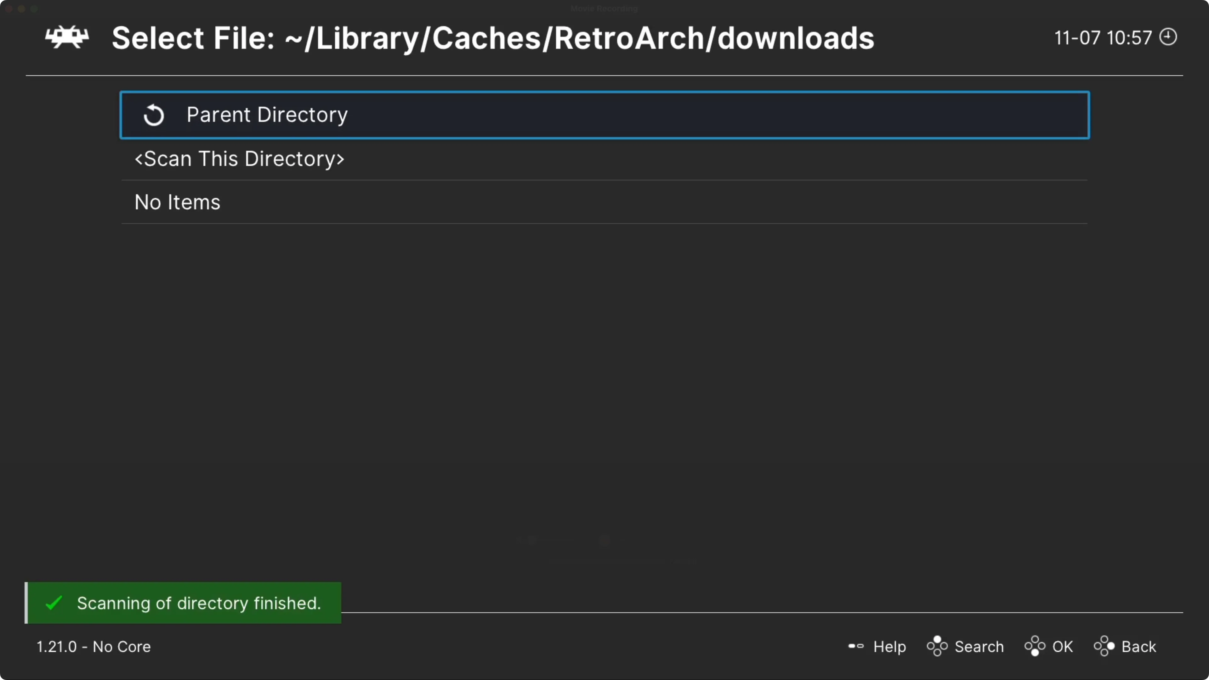 Giao diện của RetroArch trên Apple TV hiển thị chức năng quét thư mục để tìm và thêm các game ROM mới vào danh sách.