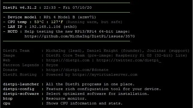 Giao diện đăng nhập chính của hệ điều hành DietPi, một nền tảng Linux siêu nhẹ cho Raspberry Pi.