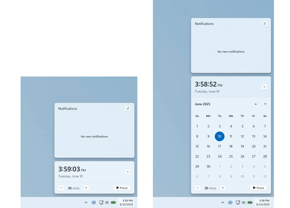Giao diện đồng hồ hiển thị giờ phút giây trong Notification Center của Windows 11