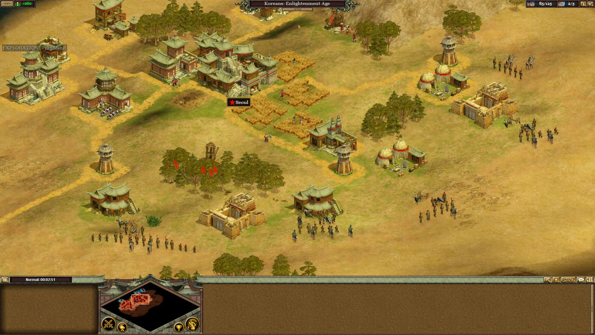 Giao diện game chiến thuật thời gian thực Rise of Nations với bản đồ thế giới, các thành phố và đơn vị quân đội
