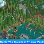 Giao diện game RollerCoaster Tycoon Classic với công viên giải trí và các trò tàu lượn siêu tốc