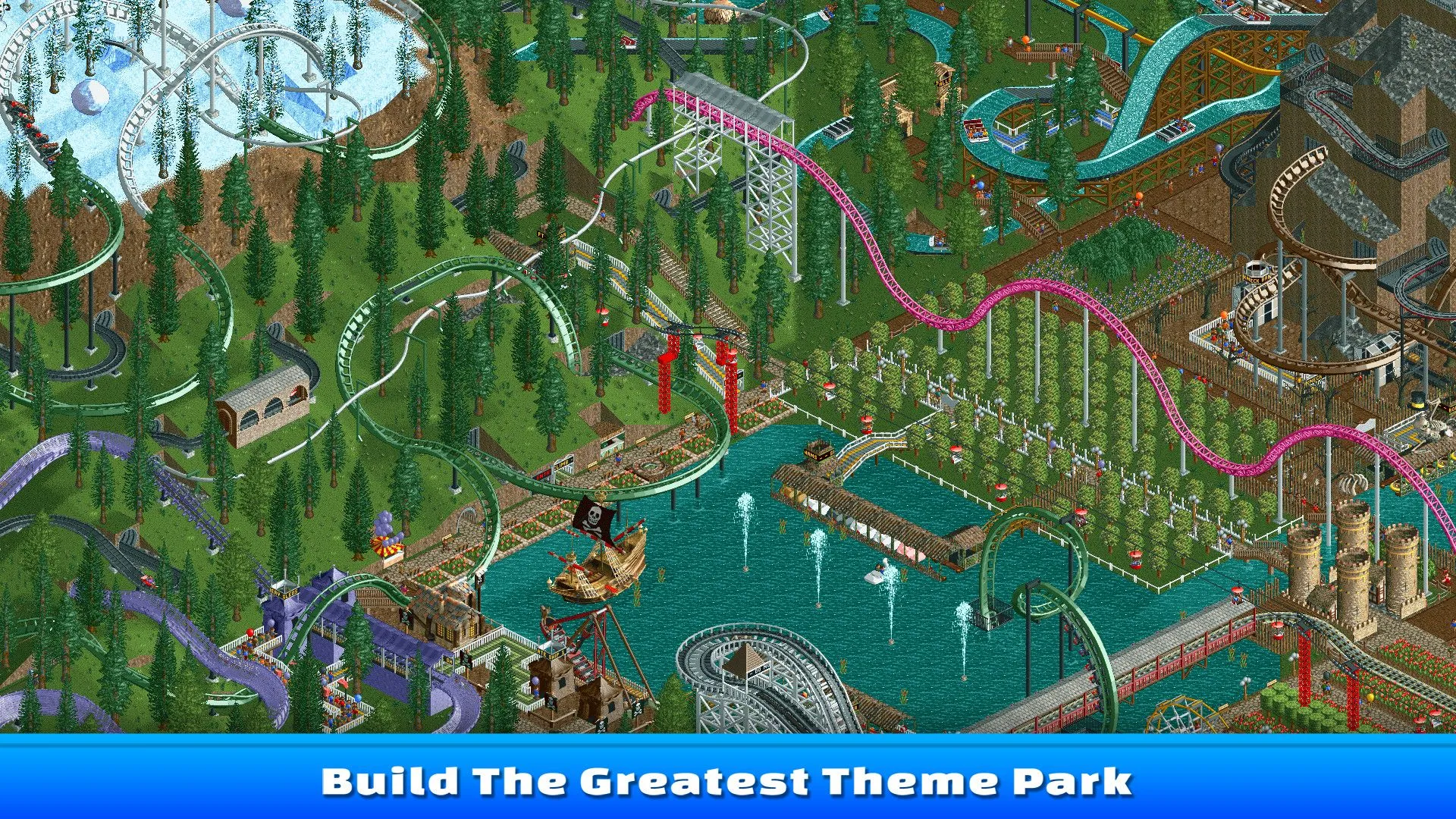 Giao diện game RollerCoaster Tycoon Classic với công viên giải trí và các trò tàu lượn siêu tốc