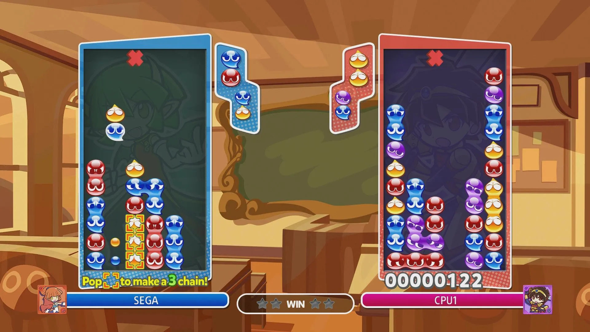 Giao diện gameplay của Puyo Puyo Champions, tựa game giải đố xếp khối màu sắc đặc trưng