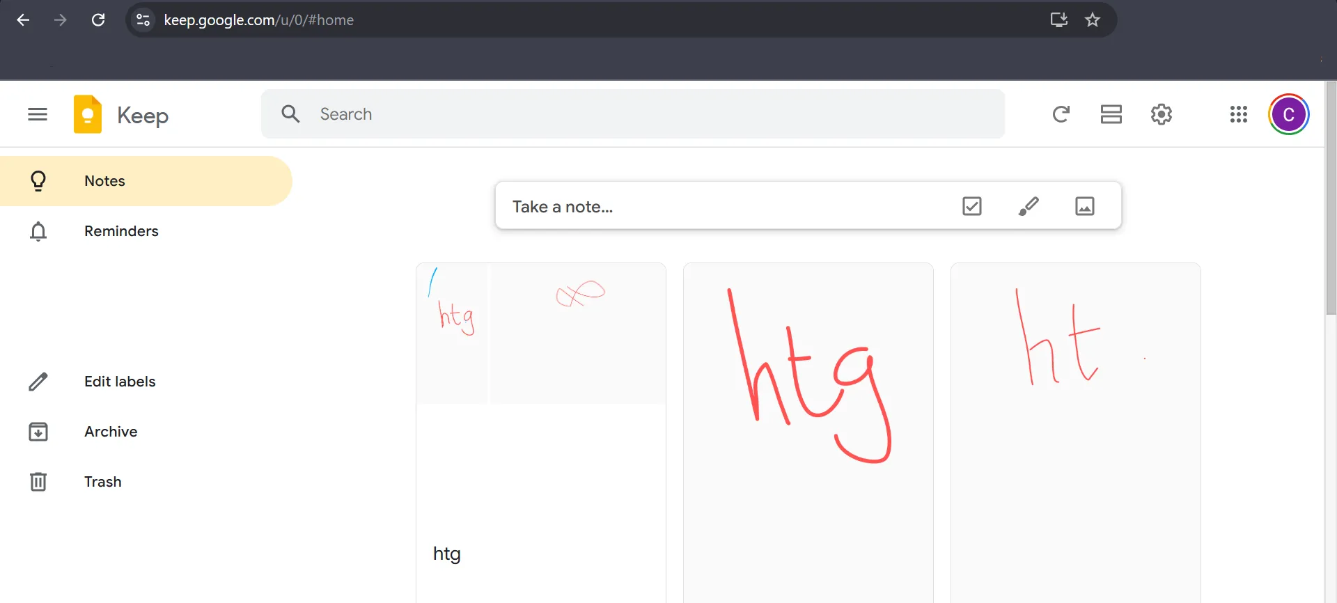 Giao diện Google Keep trên trình duyệt Chrome