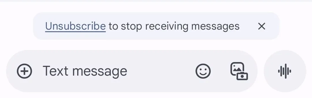 Giao diện Google Messages với nút "Hủy đăng ký" tin nhắn spam