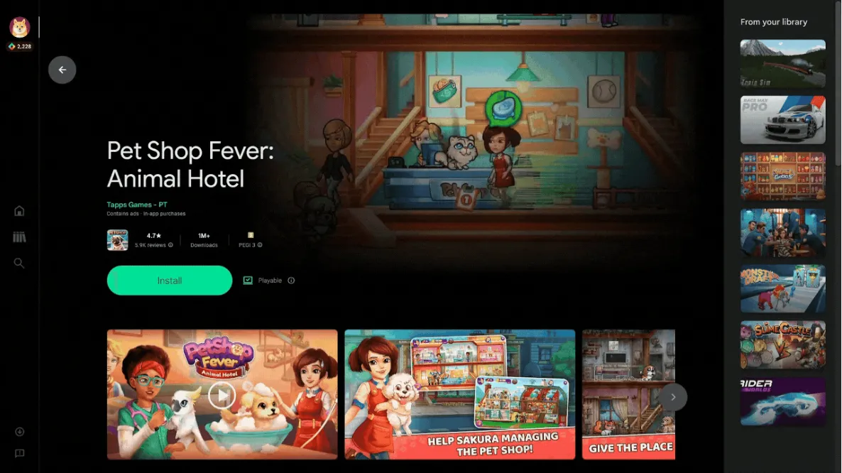 Giao diện Google Play Games trên PC hiển thị thư viện game di động và các tùy chọn điều khiển