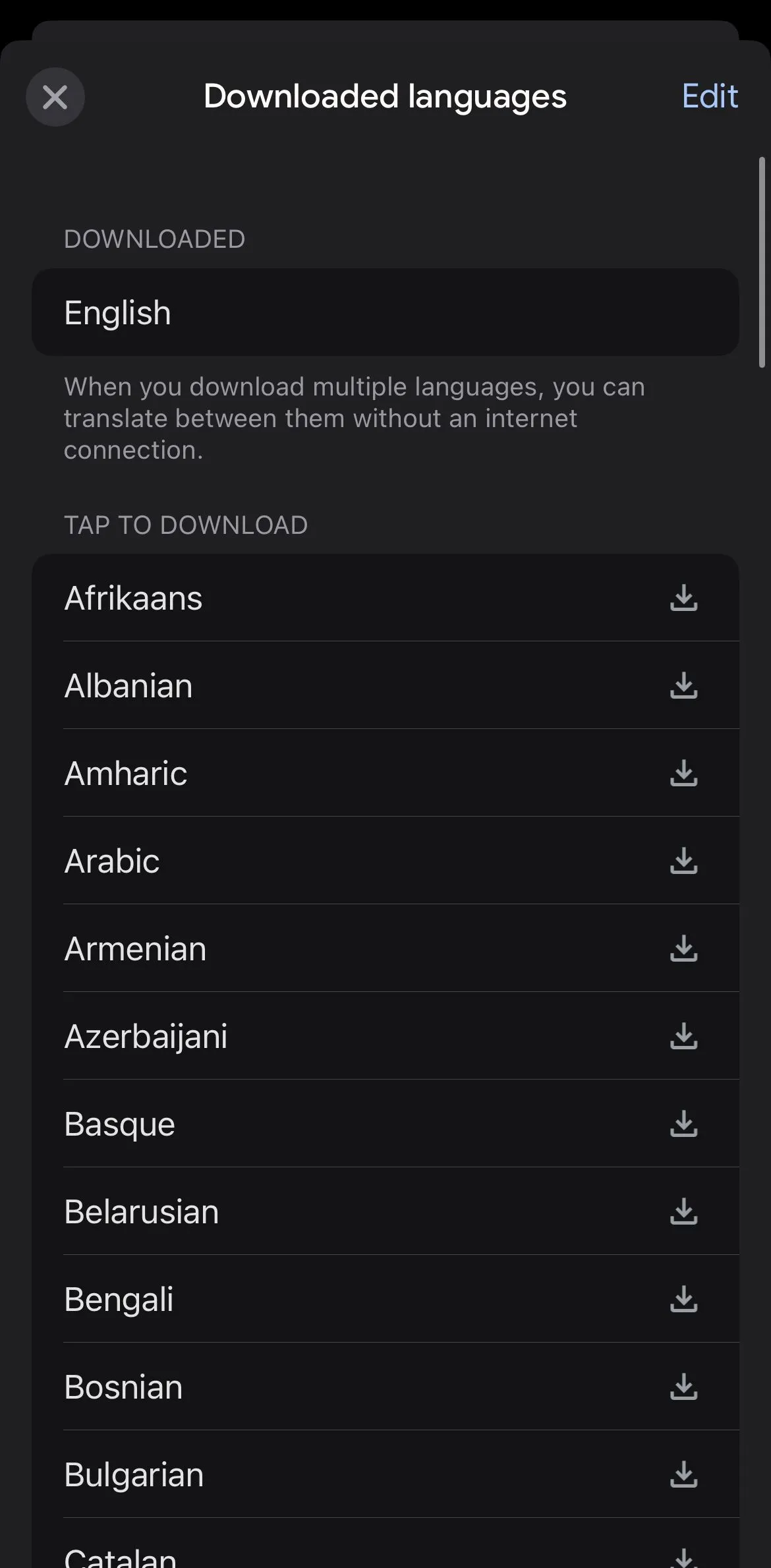 Giao diện Google Translate cho phép người dùng quản lý và tải về các ngôn ngữ để sử dụng tính năng dịch thuật không cần mạng.