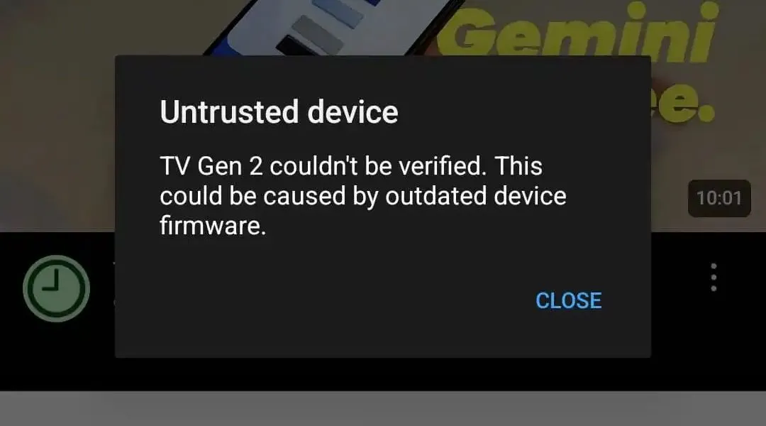 Giao diện hiển thị lỗi 'Untrusted Device' khi người dùng cố gắng truyền tải nội dung lên Chromecast
