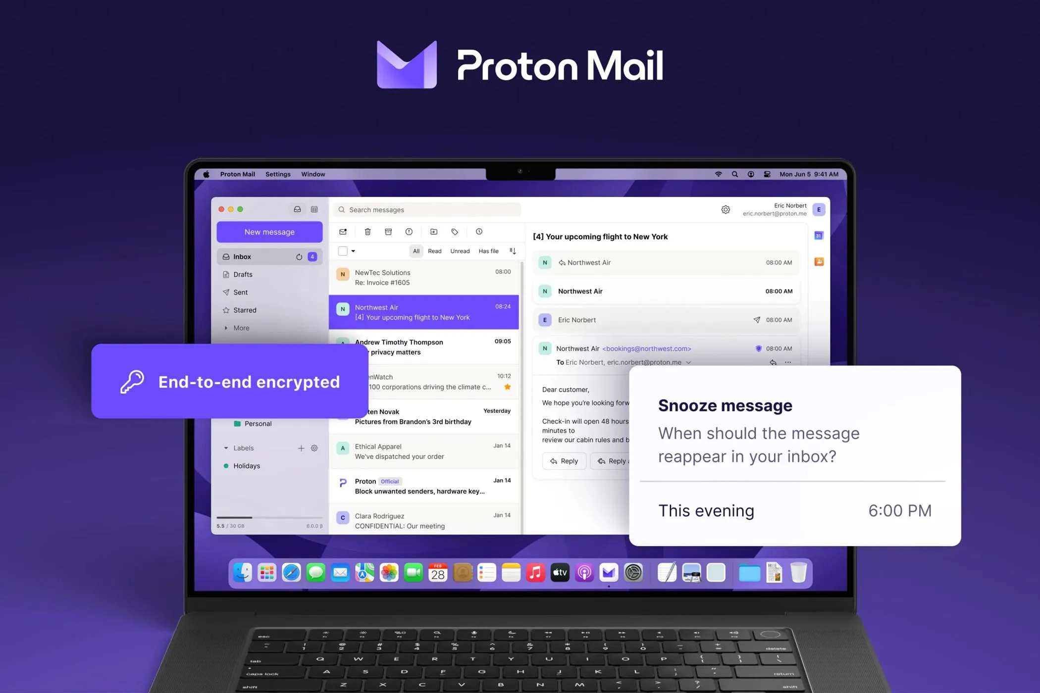 Giao diện hòm thư Proton Mail trên máy tính xách tay, thể hiện sự an toàn và bảo mật cho email cá nhân.