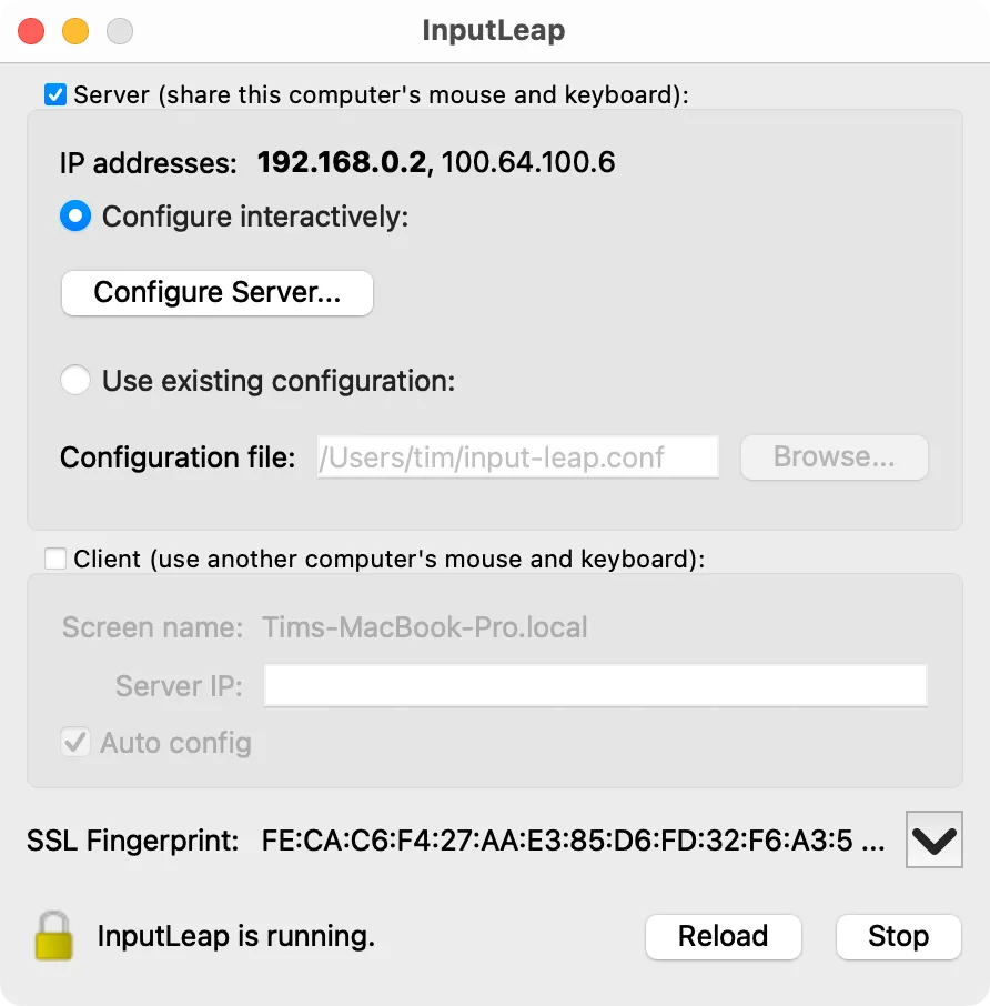 Giao diện Input Leap khi máy chủ KVM ảo đang chạy trên macOS