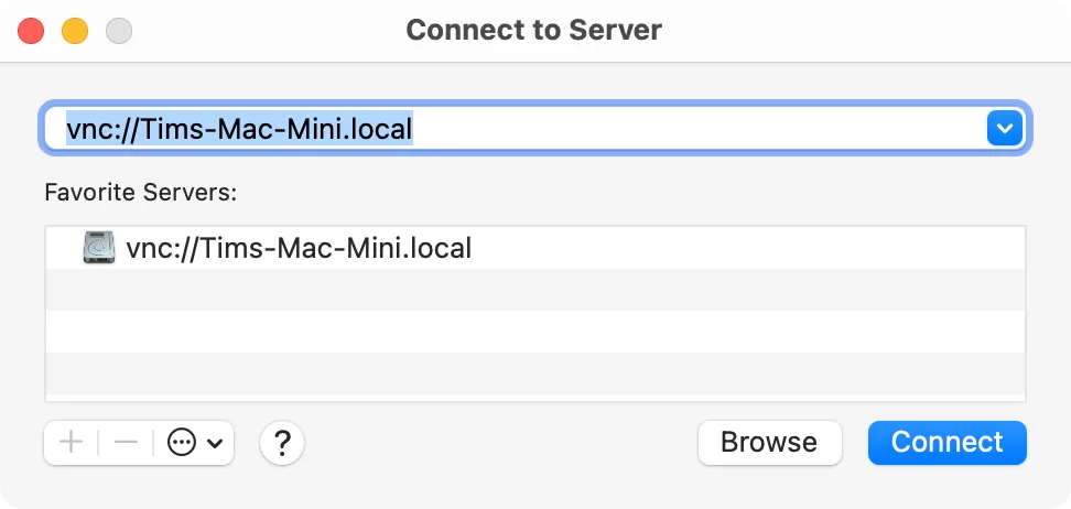 Giao diện kết nối VNC từ xa đến Mac mini cục bộ, minh họa tính tiện lợi của hệ sinh thái Apple.