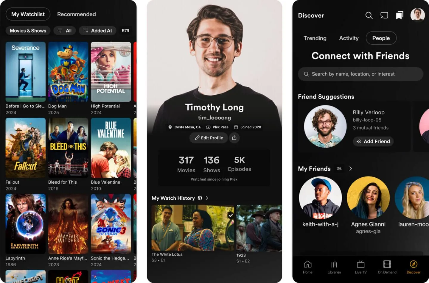 Giao diện mới của ứng dụng Plex trên Android và iOS với các màn hình Home, Library và Discover