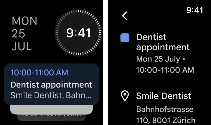 Giao diện người dùng của ứng dụng Google Lịch trên Apple Watch, hiển thị các sự kiện và tác vụ sắp tới được sắp xếp gọn gàng theo thẻ màu.