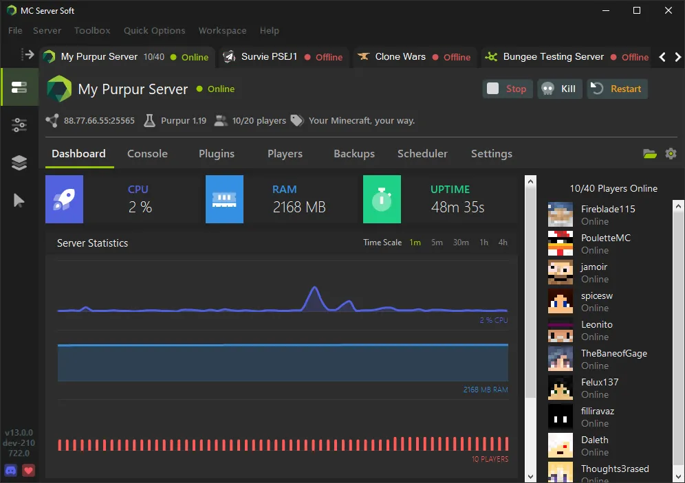 Giao diện phần mềm MC Server Soft hiển thị máy chủ Minecraft đang hoạt động với danh sách người chơi trực tuyến, giúp quản lý server dễ dàng hơn.