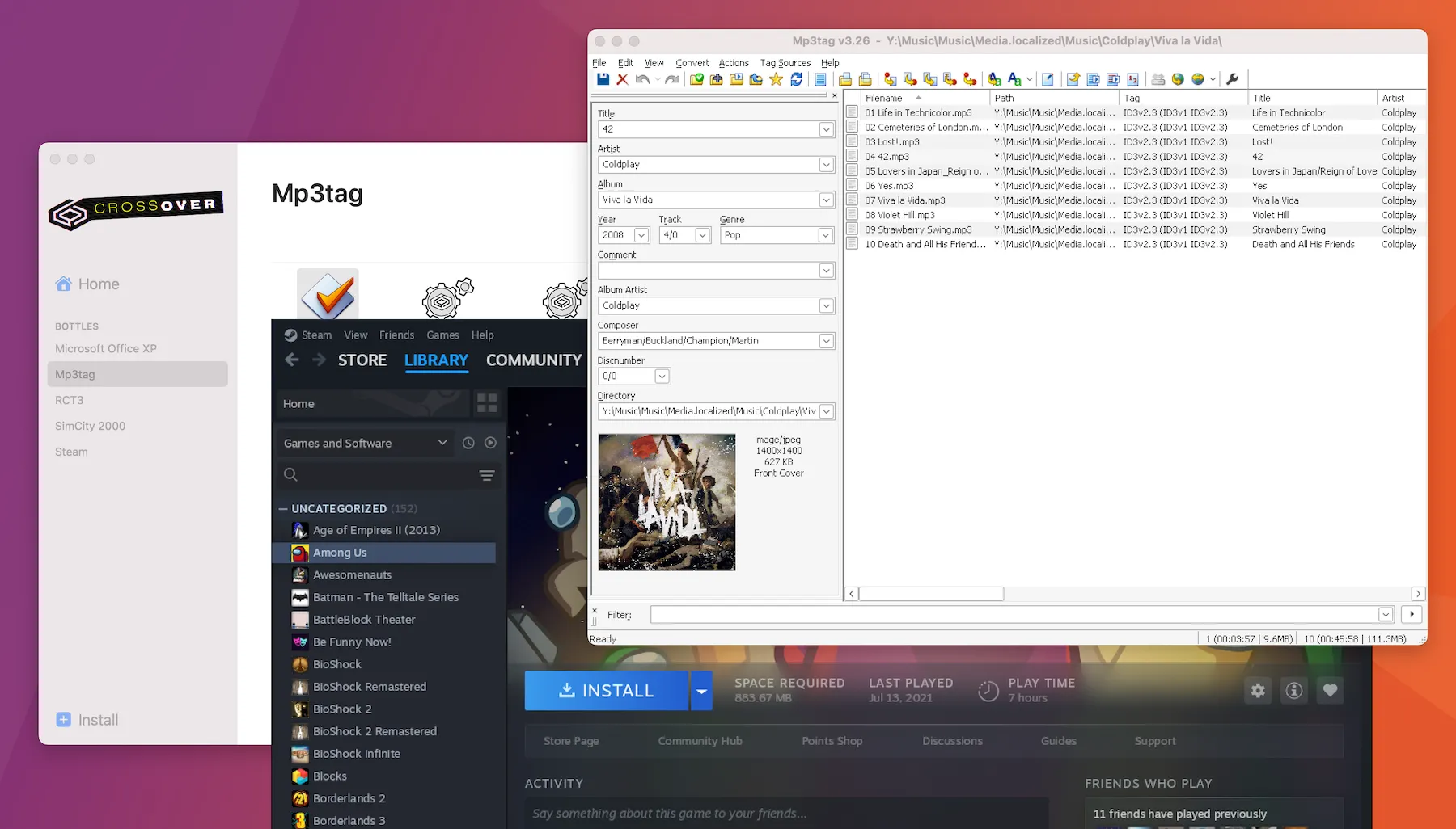 Giao diện phần mềm Steam và Mp3tag đang chạy mượt mà thông qua CrossOver trên máy Mac chạy chip Apple Silicon, minh họa khả năng tương thích ứng dụng Windows.