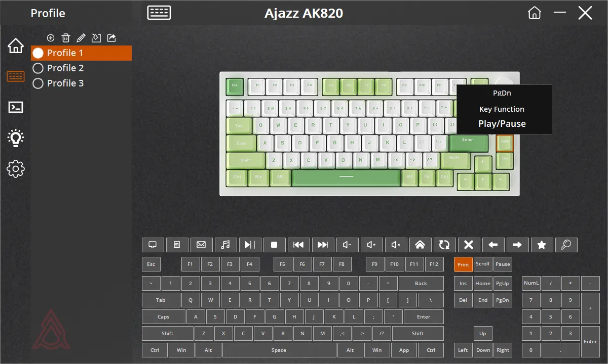 Giao diện phần mềm tùy chỉnh bàn phím Ajazz AK820 Pro hiển thị phím PgDn được gán chức năng Play/Pause.