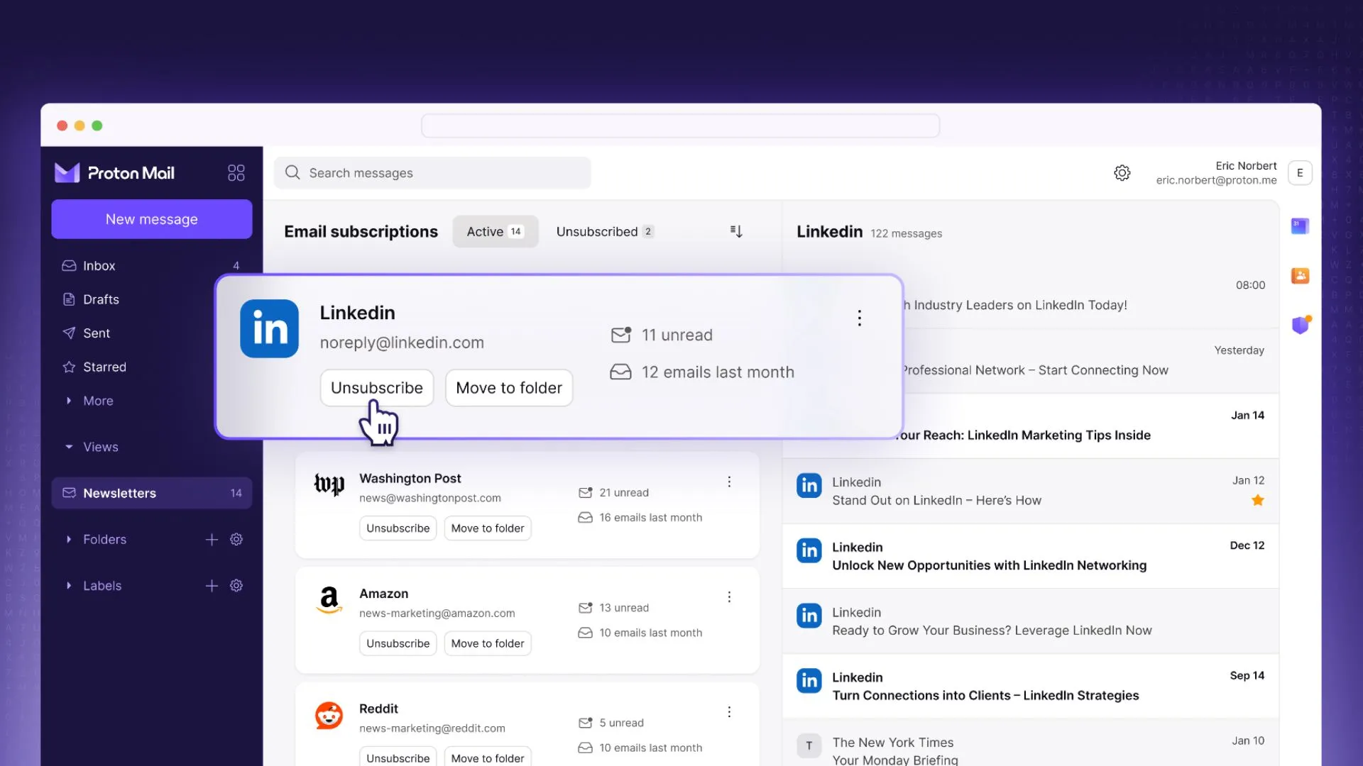 Giao diện Proton Mail với tính năng Newsletter View hiển thị các bản tin đã đăng ký được sắp xếp gọn gàng