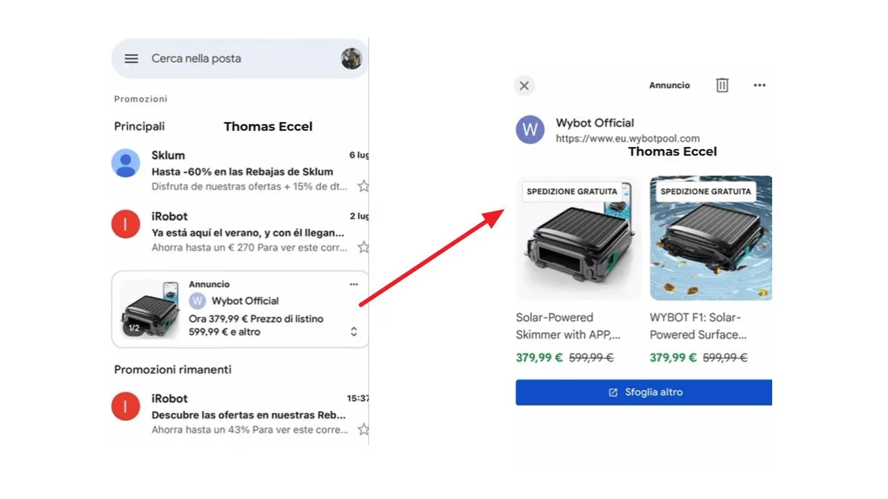 Giao diện quảng cáo mua sắm mới của Google trong tab Khuyến mãi Gmail hiển thị chi tiết sản phẩm và các ưu đãi.