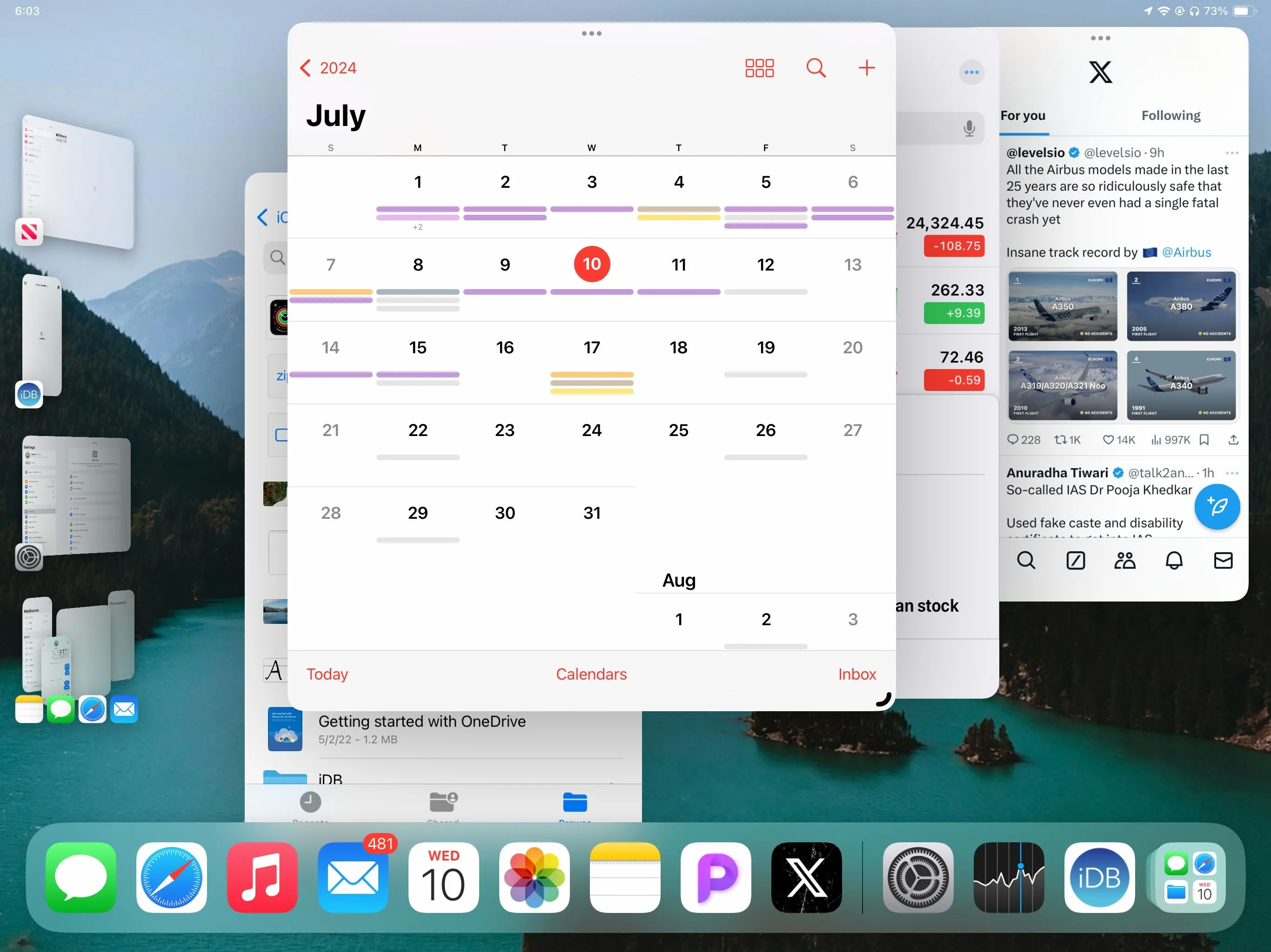 Giao diện Stage Manager trên iPad hiển thị nhiều ứng dụng (Lịch, Chứng khoán, Tệp, X) hoạt động cùng lúc.