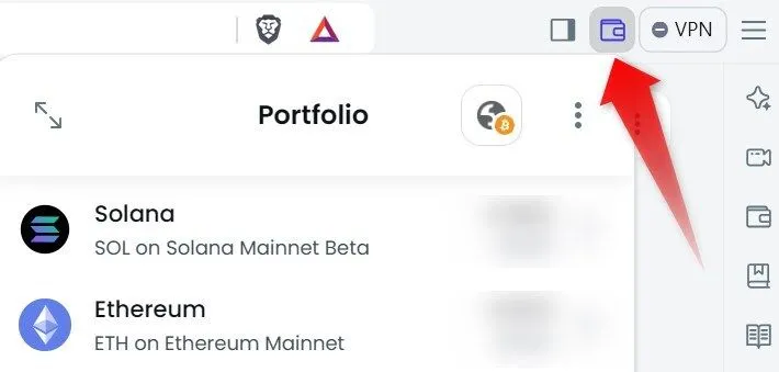 Giao diện sử dụng ví tiền mã hóa tích hợp trong trình duyệt Brave