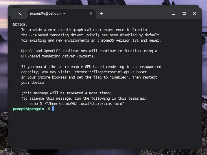 Giao diện terminal Linux sau khi được kích hoạt và khởi chạy trên Chromebook, sẵn sàng cho các lệnh và tác vụ.