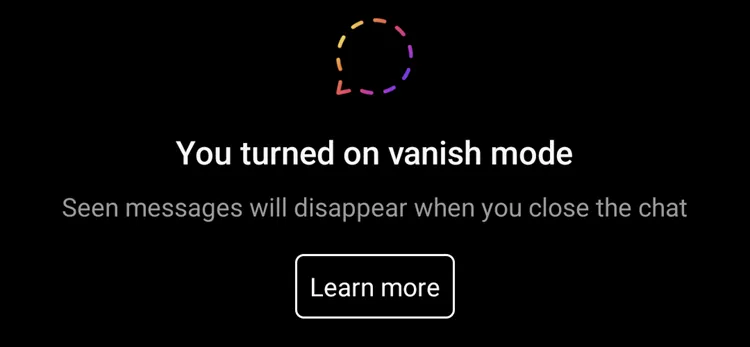 Giao diện tin nhắn Instagram với nền đen và thông báo Vanish Mode đã bật.