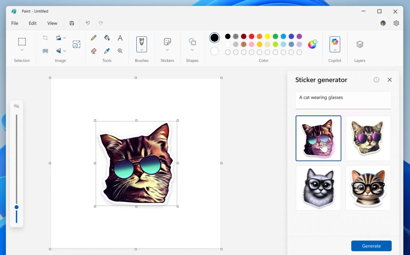 Giao diện tính năng tạo sticker AI trong Microsoft Paint, hiển thị các lựa chọn sticker được tạo từ trí tuệ nhân tạo.