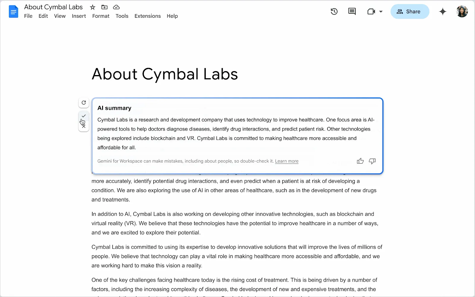 Giao diện tính năng tóm tắt AI Gemini trên Google Docs