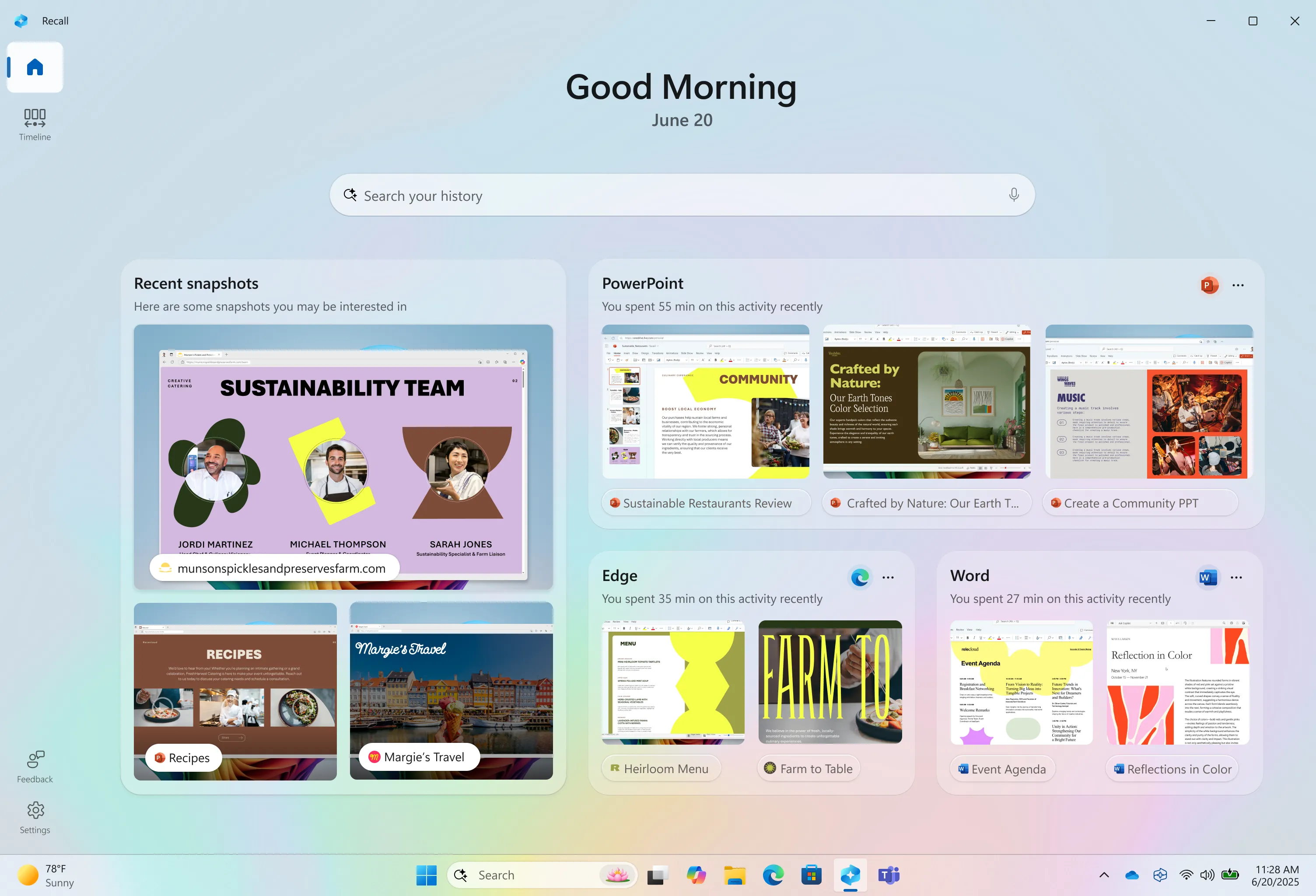 Giao diện trang chủ mới của Windows Recall hiển thị các ứng dụng và trang web được sử dụng thường xuyên cùng các ảnh chụp nhanh hoạt động.