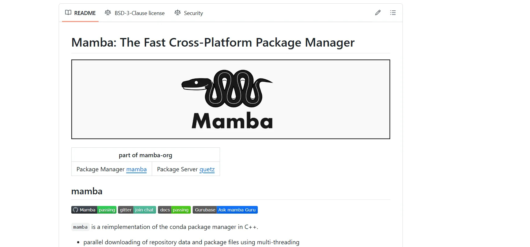 Giao diện trang GitHub chính thức của dự án Mamba, một công cụ quản lý gói hiệu quả cho môi trường phát triển.