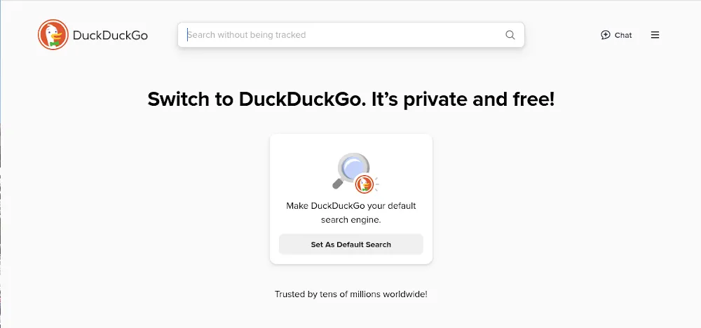 Giao diện trang tìm kiếm DuckDuckGo, một lựa chọn thay thế Google tập trung vào quyền riêng tư.