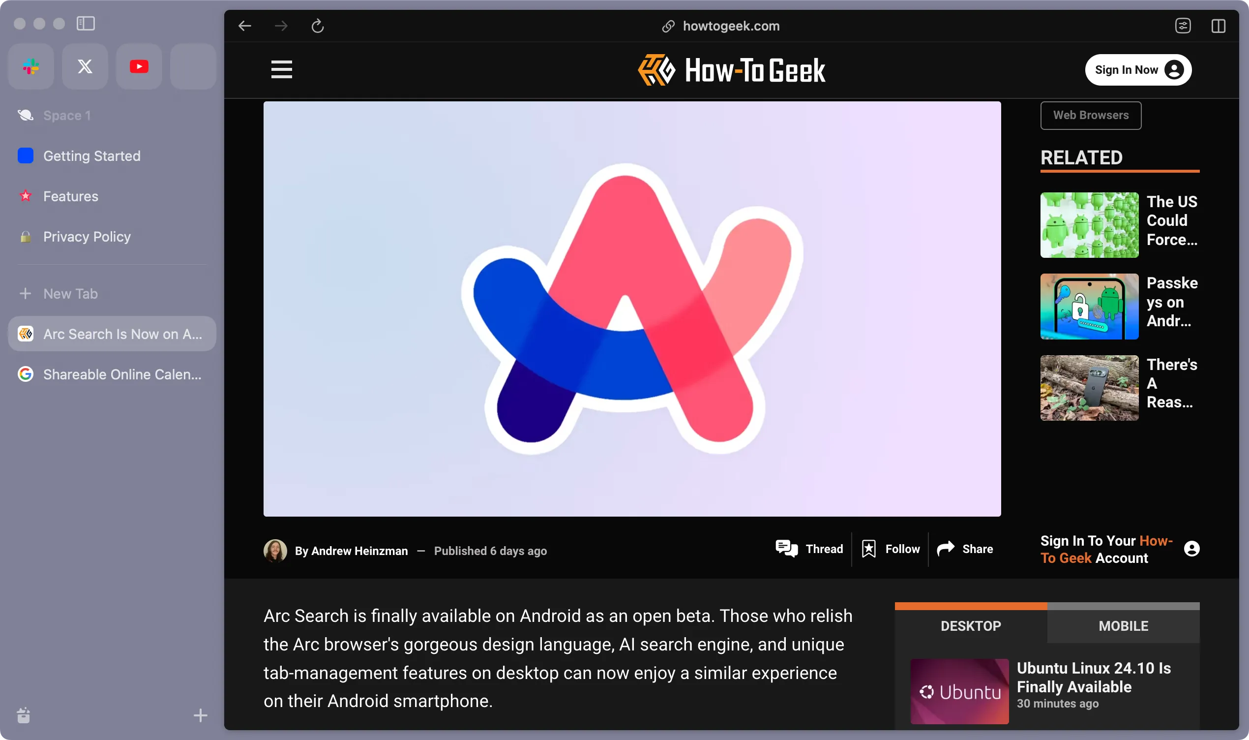 Giao diện trình duyệt Arc đang hiển thị trang web How-To Geek, minh họa khả năng tương thích và thiết kế hiện đại của Arc trên Windows ARM.