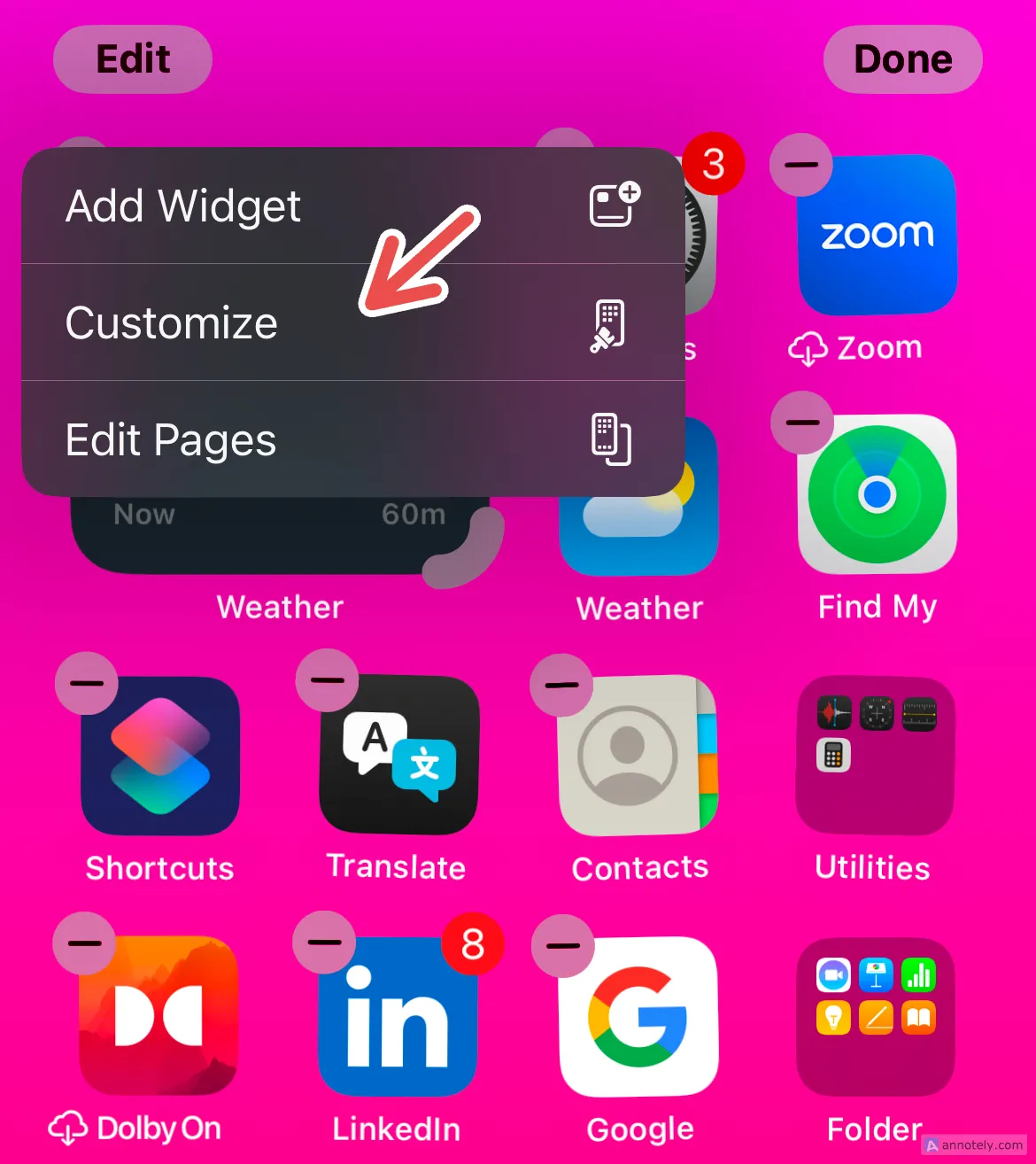 Giao diện tùy chỉnh biểu tượng ứng dụng và chế độ hiển thị trên màn hình chính iPhone.