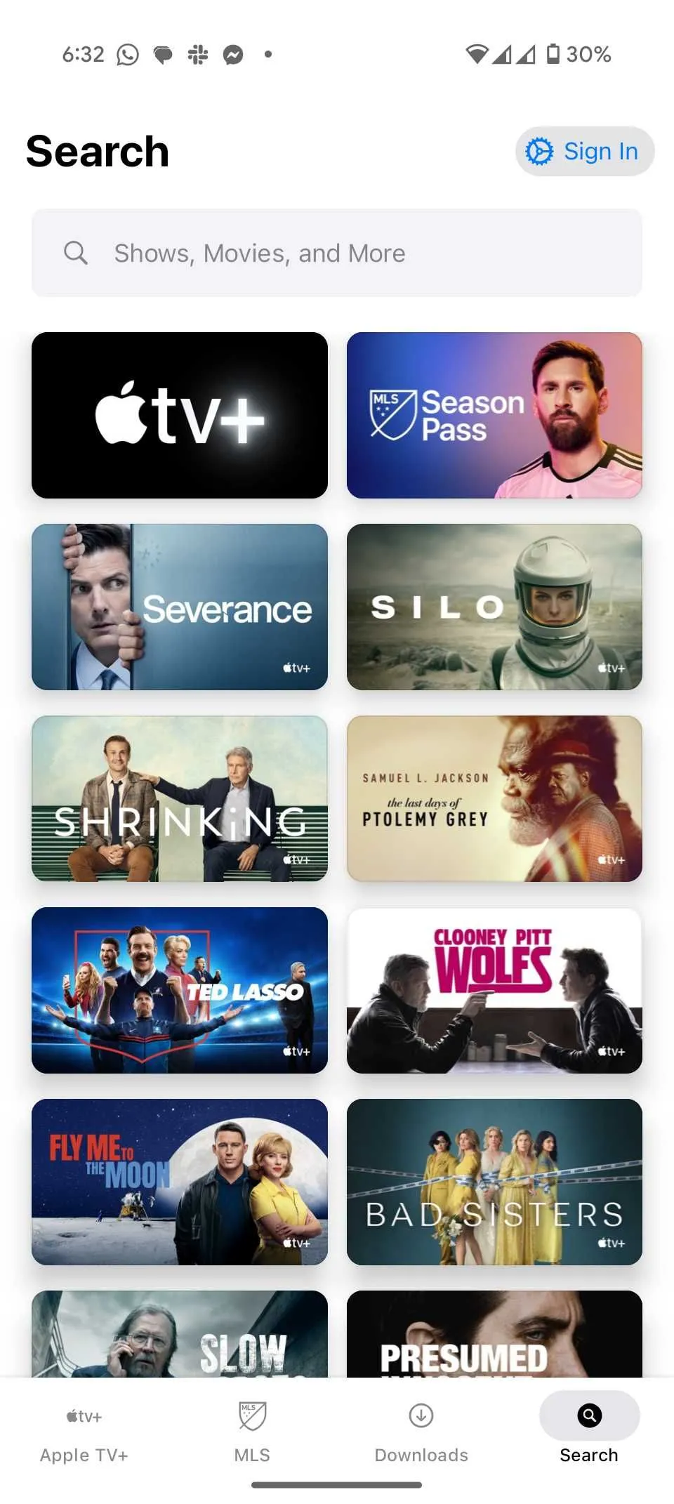 Giao diện ứng dụng Apple TV+ trên điện thoại Android với tùy chọn tải xuống và thêm vào danh sách xem