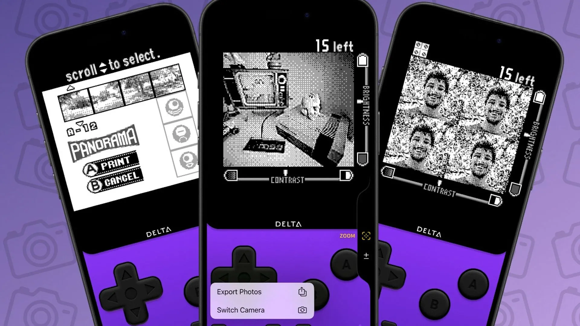 Giao diện ứng dụng Delta Camera trên iPhone, mô phỏng phong cách chụp ảnh đơn sắc của Game Boy Camera