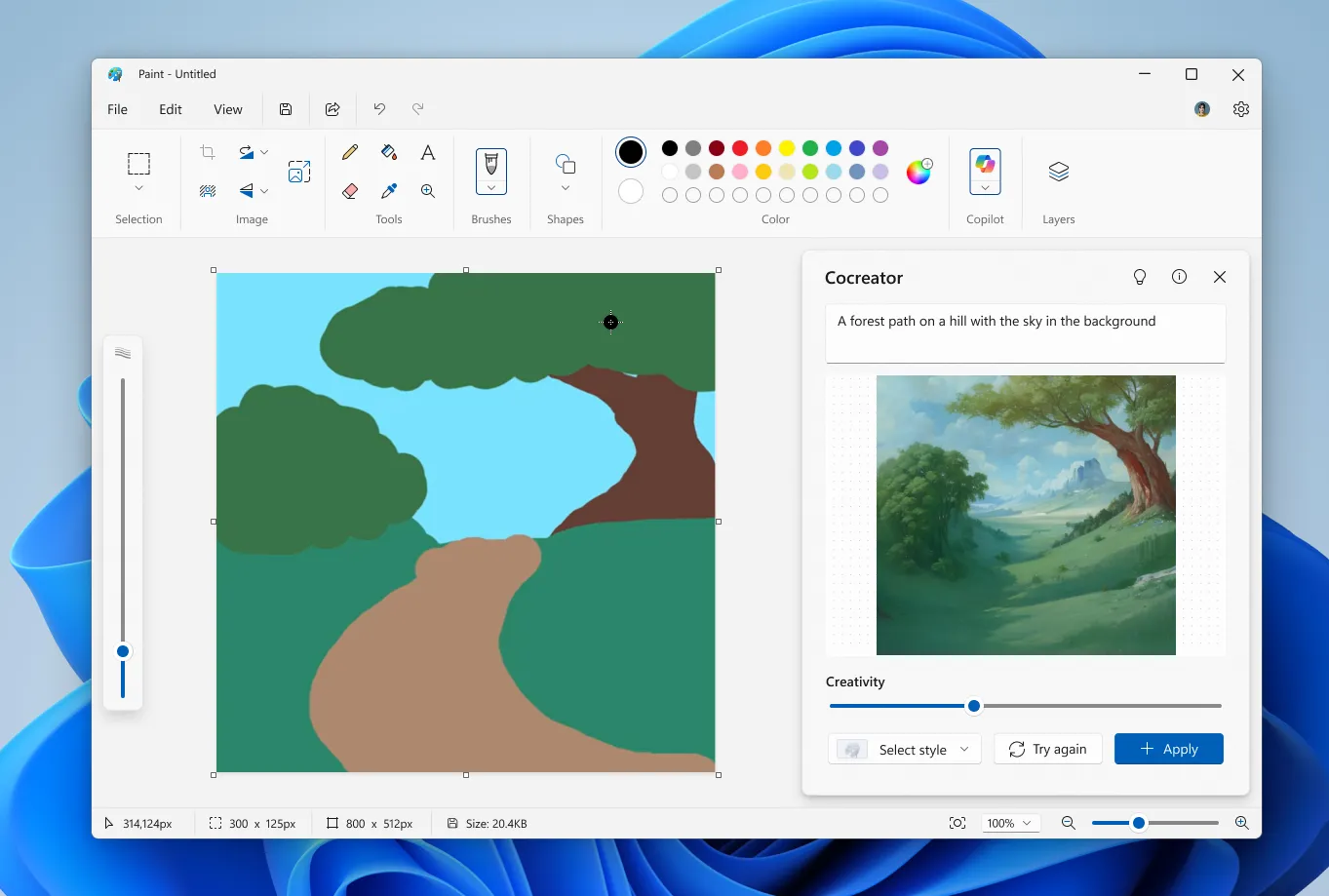 Giao diện ứng dụng Paint với bảng điều khiển Cocreator AI mở ra, hiển thị các tùy chọn tạo ảnh bằng trí tuệ nhân tạo.