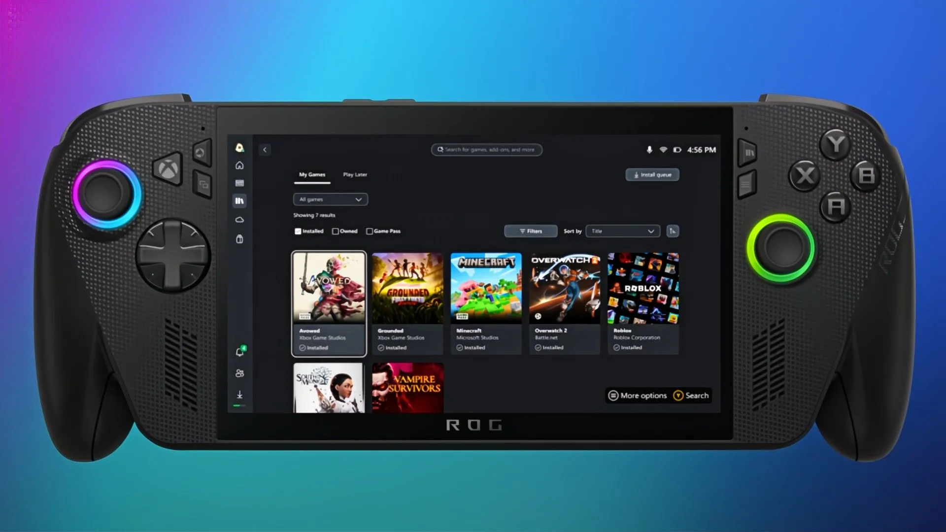 Giao diện ứng dụng Xbox trên thiết bị cầm tay ROG Ally, hiển thị thư viện game tích hợp từ Steam và Battle.net