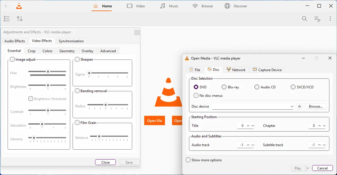 Giao diện VLC 4.0 hiển thị tùy chọn mở tệp đa phương tiện và hiệu ứng video.