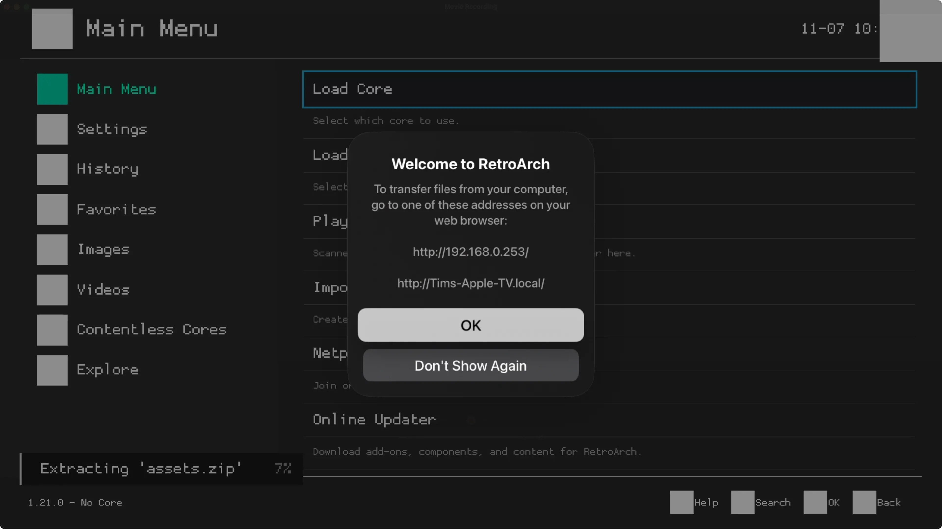 Giao diện web của RetroArch hiển thị hướng dẫn người dùng chuyển các file ROM và BIOS từ máy tính sang Apple TV.