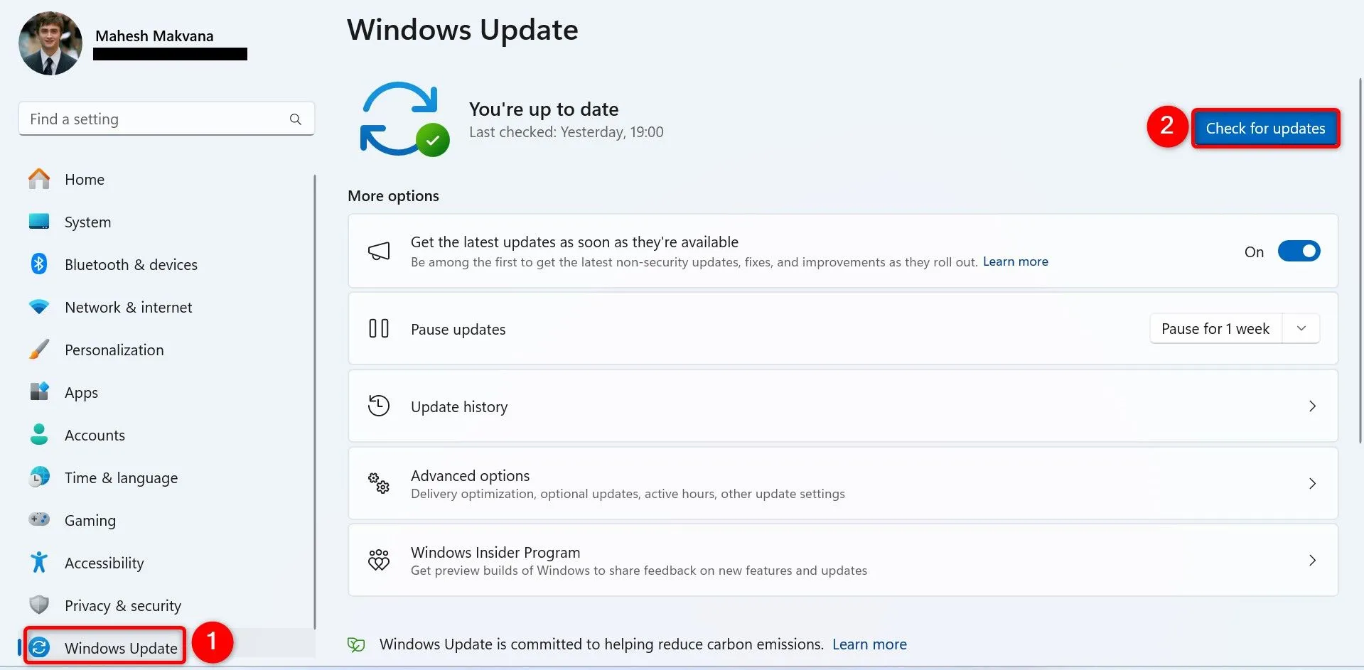 Giao diện Windows Update trong Cài đặt Windows 11
