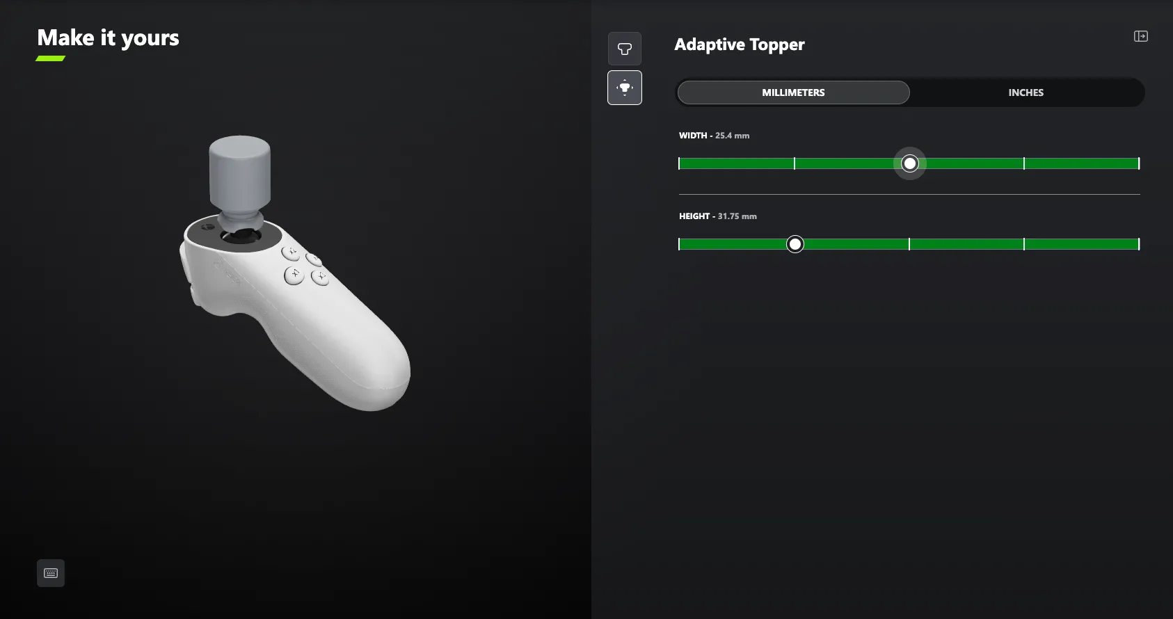 Giao diện Xbox Design Lab cho phép thiết kế đầu cắm tùy chỉnh cho cần điều khiển hỗ trợ.