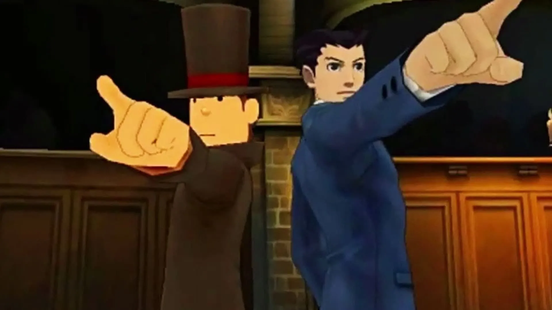 Giáo sư Layton và luật sư Phoenix Wright trong tựa game giải đố kết hợp điều tra Professor Layton Vs. Phoenix Wright: Ace Attorney.